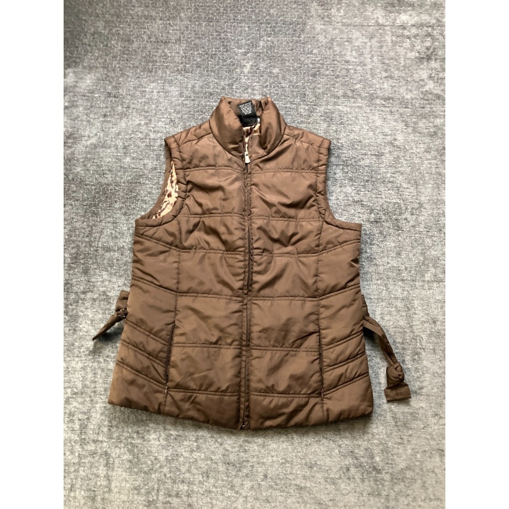 Carole Little Puffer Vest Womens Large Brown Leopard Print Lined Hiking Full Zip